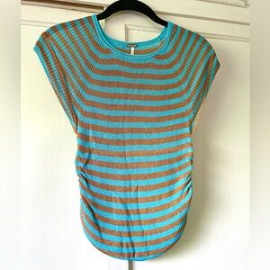 Free People Blue and Brown Striped Short Sleeve Top